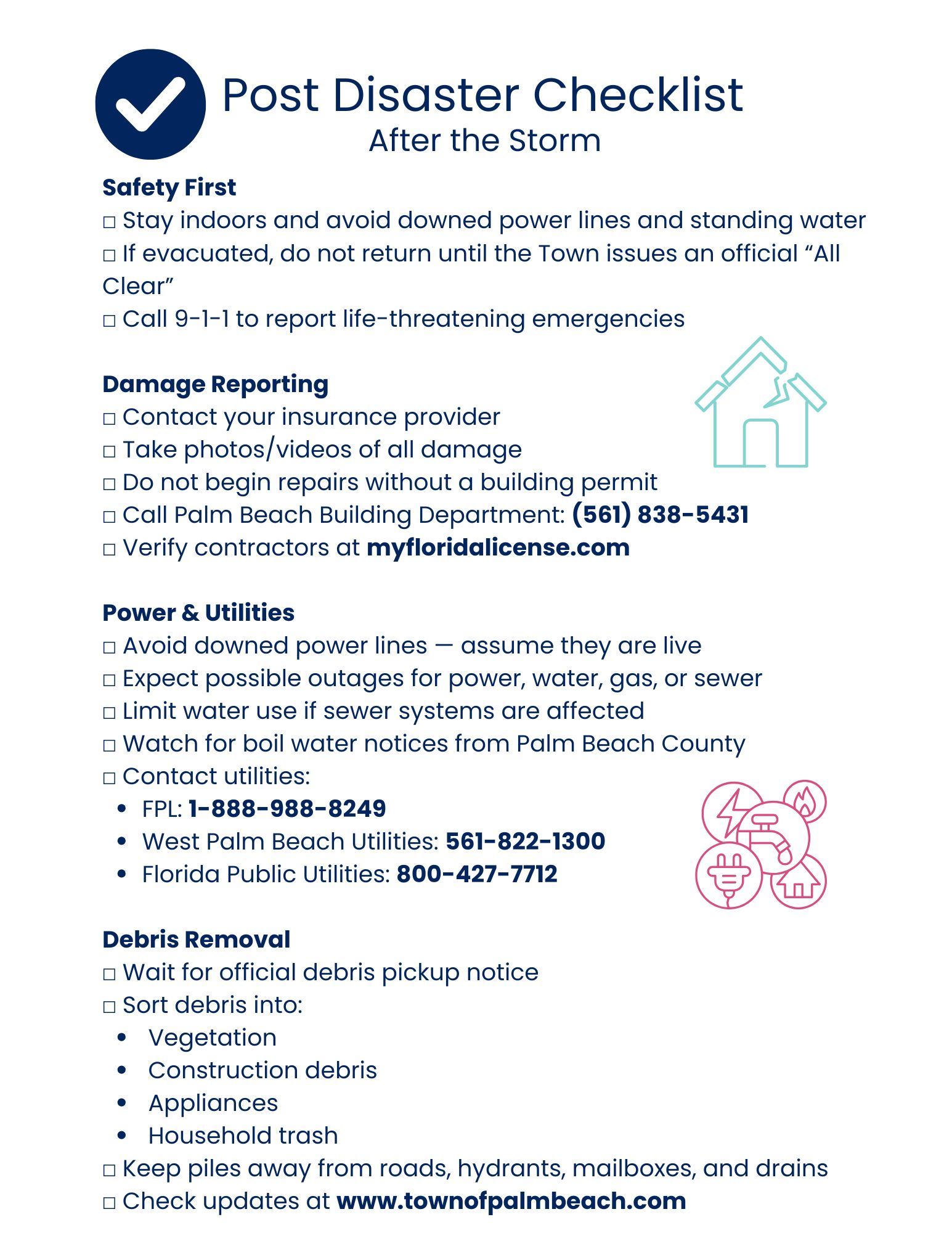 A checklist highlighting important actions to take after a disaster