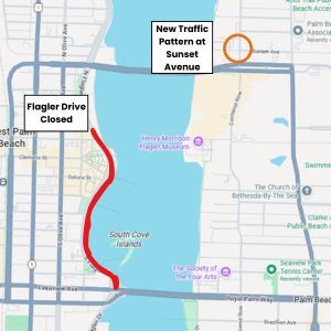 map of Palm Beach and West Palm Beach highlighting Flagler Drive closure and the new traffic pattern
